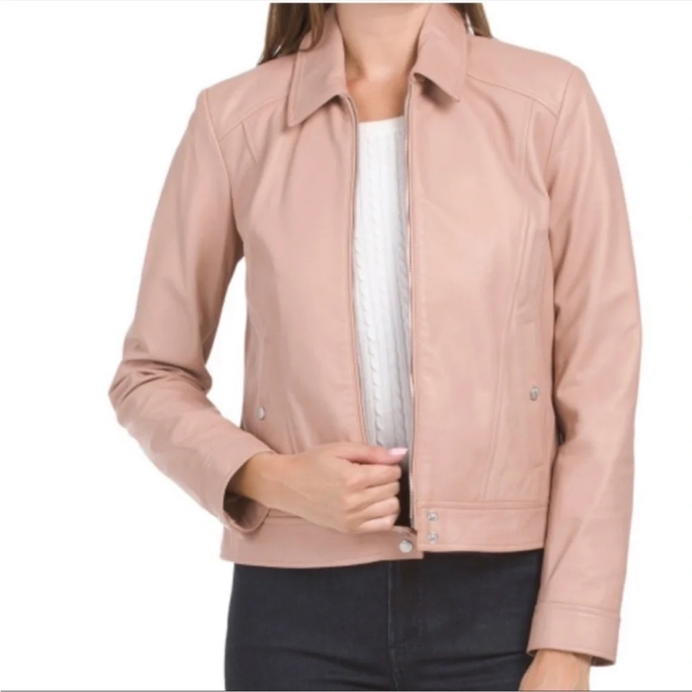 Cole Haan Smooth Lambskin Leather Moto Jacket‎ Nude Pink Size Large